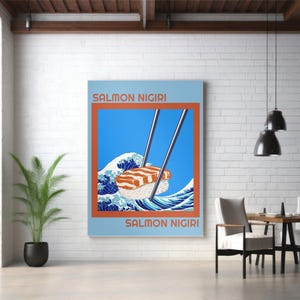 May include: A rectangular art print featuring a salmon nigiri sushi illustration. The artwork depicts a salmon nigiri with chopsticks against a blue background with a wave design. The words "SALMON NIGIRI" are at the top and bottom.