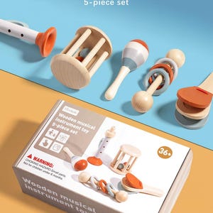 Conjunto de Brinquedos Musicais de Madeira Montessori | Kit de Instrumentos Musicais para Bebês com 5 Peças | Brinquedos Sensoriais Naturais para Crianças a partir de 36 Meses | Presente para Crianças