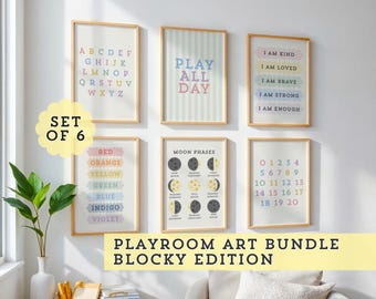 Kids Gallery Wall Set of 6 | Pastel Playroom Print Bundle | Blocky Edition | Classroom Wall Art Printable | Kids Room Digital Download
