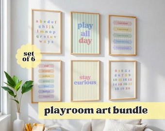 Muurdecoratie voor de speelkamer van de kinderkamer | Set van 6 prints voor aan de muur | Pastelkleurige decoratie voor de kinderkamer of het klaslokaal | Digitale download