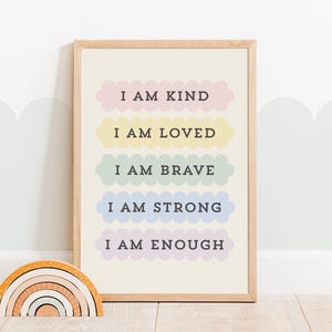 Kids Affirmation Poster | I Am Kind Loved Brave Strong Enough Print | Confidence & Self Worth Wall Art | Digital Download | Blocky Edition