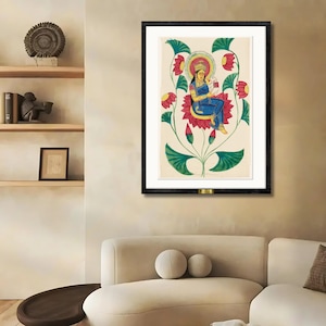 Goddess Saraswati on Lotus Art Print – Museum Canvas Wall Art | Hindu Wisdom Deity Wall Art | Indian Folk Painting | Divine Feminine Decor