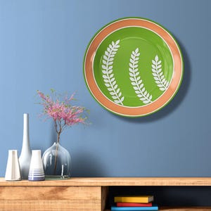 Green & Terracotta Ceramic Wall Plate | White Leaf Vine Pattern | Digitally Printed Rustic Wall Decor | Minimal Artwork - Gift for Her