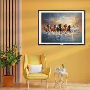 Sieben laufende Pferde Leinwand Wandkunst - Power & Wohlstand Gemälde | Telinchi Gerahmtes Natur Kunstwerk für Zuhause, Büro Dekor