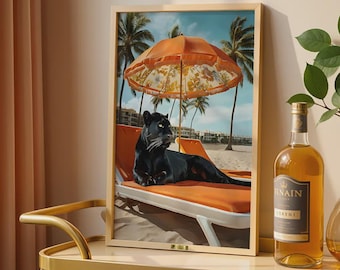 Black Panther Beach Canvas Print, Tropical Wildlife Wall Art