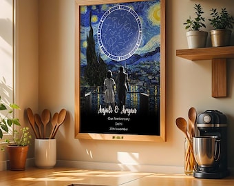 Mapa estelar personalizado para aniversario, lámina conmemorativa del cielo nocturno para parejas (descarga digital).