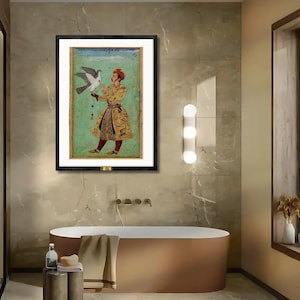 Mughal Falconer Art Print – Museum Canvas | Indian Miniature Portrait | Royal Hunter Wall Decor | Vintage Islamic Artwork Gift for Her