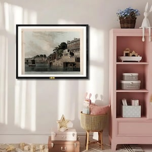 Varanasi Ghat Wall Art | Dusasumade Ghat Antique Print | Ganges River India Poster | Framed Heritage Architecture Art | Telinchi Decor
