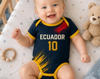Ecuador Soccer Baby Bodysuit, Infant Bodysuit Jersey, Custom Name & Number, Yellow Ecuador Football Outfit, Toddler Sports Shirt Gift