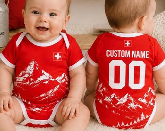 Custom Name Swiss Baby Romper, Switzerland Infant Bodysuit, Personalized Red Switzerland Jersey, Cute Swiss Souvenir Gift for Boy Girl