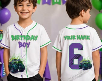 Custom Monster Truck Birthday Baseball Jersey, Personalized Name Shirt