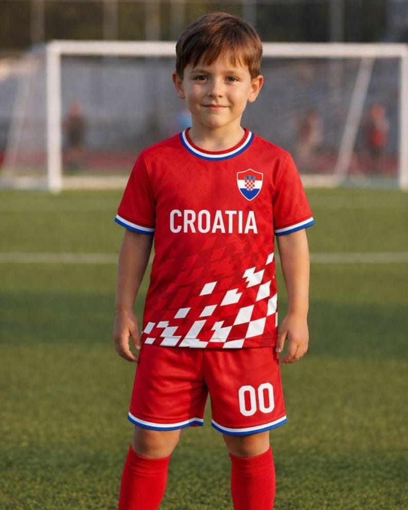 以下が含まれることがあります： 前面に「CROATIA」の文字がプリントされた赤いサッカーユニフォームを着た子供。ユニフォームは、赤色のジャージ、ショーツ、ソックスで構成され、白と青のアクセントが付いています。ショーツには番号「00」が表示されています。