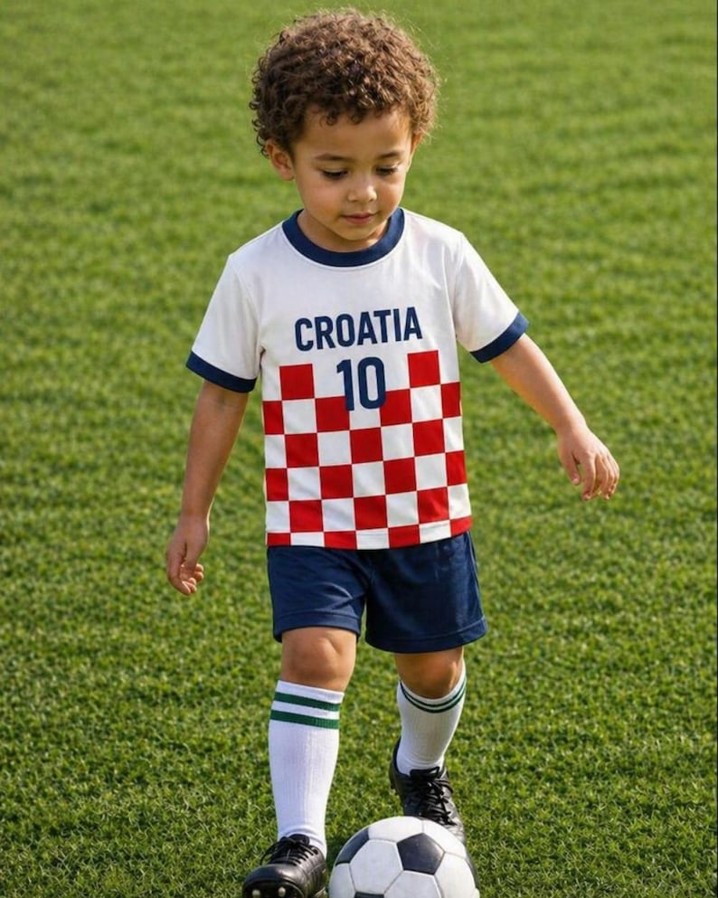 Puede incluir: Un ni&ntilde;o con un uniforme de f&uacute;tbol de Croacia, que incluye una camiseta blanca con "CROACIA 10", un dise&ntilde;o a cuadros rojos y blancos, pantalones cortos azul marino y calcetines blancos con rayas verdes. El ni&ntilde;o est&aacute; en un campo verde con un bal&oacute;n de f&uacute;tbol.