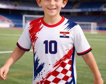 Custom Croatia Kids Soccer Jersey, Personalized Youth Football Shirt, Red White Checkerboard Fan Tee