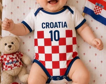 Custom Name Croatia Baby Soccer Bodysuit, Personalized Croatia Football Infant Jersey, Red White Checkerboard Baby Clothes
