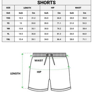 以下が含まれることがあります： ユースサッカーショーツの画像とサイズ表。表には、長さ、ヒップ、ウエストのインチとセンチメートルでの測定値が表示されています。ショーツは、長さ、ウエスト、ヒップの寸法がラベル付けされて描かれています。