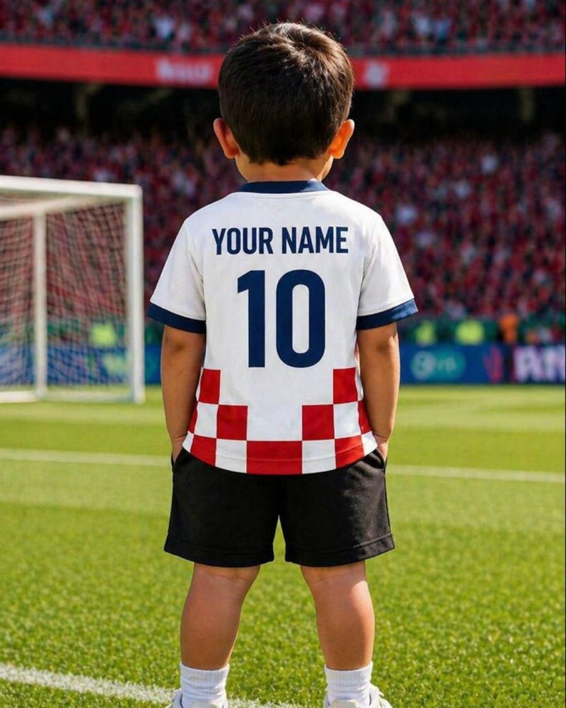 Puede incluir: Un ni&ntilde;o lleva una camiseta de f&uacute;tbol blanca con el texto "YOUR NAME" y el n&uacute;mero 10 en azul marino. La camiseta tiene un dise&ntilde;o a cuadros rojos y blancos en la parte inferior. El ni&ntilde;o lleva pantalones cortos negros y calcetines blancos.