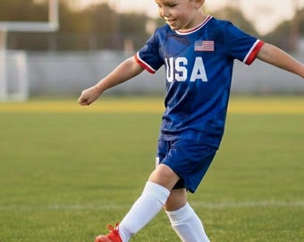 Personalized USA Kids Soccer Jersey Set, Custom Name Number, Youth Football Kit