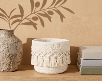 Tassel Desktop Storage Basket, Boho Desk Organizer for Vanity, Makeup Brushes, Pens, Home Office Decor Gift
