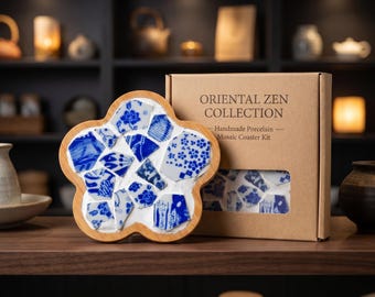 Porcelain Mosaic Coaster DIY Kit, Chinoiserie Inspired Craft Project, Tea Cup Mat Gift for Home Decor