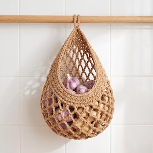 Hanging Produce Basket, Woven Cotton Rope Fruit Storage, Boho Kitchen Organizer, Rustic Pantry Decor, Housewarming Gift