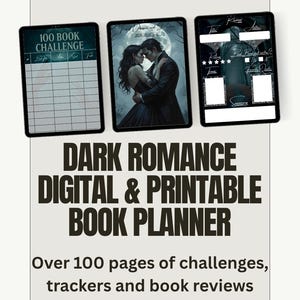 Könnte beinhalten: Ein digitaler und druckbarer Buchplaner mit einem Dark-Romance-Thema. Das Bild zeigt drei Tablets mit verschiedenen Layouts, darunter ein 100-Bücher-Challenge-Tracker und Buchrezensionsseiten. Der Text auf dem Bild lautet "Dark Romance Digital & Printable Book Planner."
