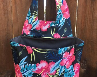 Car Trash Bag - Tropical Hibiscus Flowers - Water Resistant Canvas - Attaches around head rest in vehicle