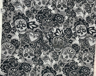 Alexander Henry Darkly Delicate Charcoal Sugar Skulls Fabric, 1 yard