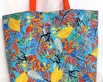 Colorful Leaves & Berries on Blue Tote Bag with Slip Pockets - Reusable, Washable, Foldable Reversible, Groceries Markets Store Shopping Bag