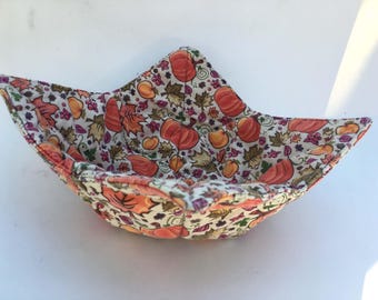 Fall Leaves & Pumpkins Bowl Cozy - Pot Holder for Hot Soup or Cold Ice Cream, 100% Cotton, Machine Washable