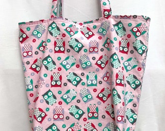 Pink and Blue Owls and Hearts Tote Bag with Slip Pockets, Groceries, Markets, Store Shopping Bag