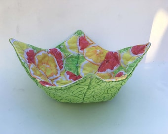 Bright Citrus and Green Scrolls Reversible Bowl Cozy - Pot Holder for Hot Soup or Cold Ice Cream, Machine Washable, 100% Cotton