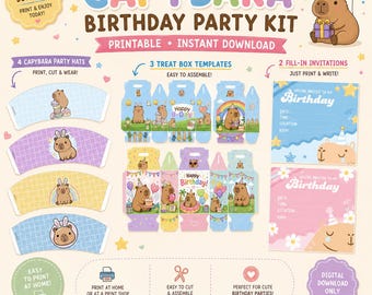 Capybara Geburtstagsparty Kit Printable | Capybara Party Dekorationen | DIY Favor Boxes, Einladungen & Kegelhüte | Sofort Download
