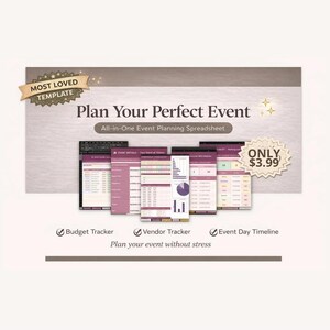 May include: A digital event planning spreadsheet with a light purple and white color scheme. The image includes the text "Plan Your Perfect Event" and features budget, vendor, and event day timeline trackers. The template is labeled "Most Loved".