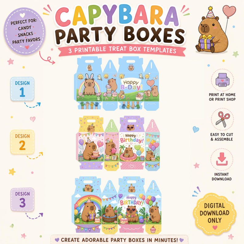 Capybara Birthday Party Kit | Printable Favor Boxes, Invitations, Cone ...