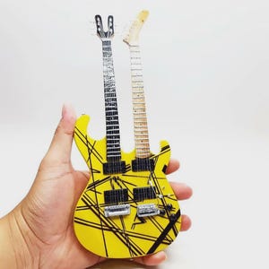 Miniature Guitar E V H Double Neck Yellow 1:4 | Mini Electric Guitar Handmade Wood | Guitarist Birthday Gift Music Desk Display