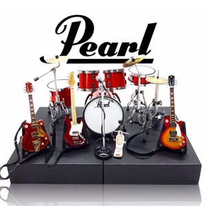 Miniature Drum Set PRL Scale 1:12 Mini Drum Kit Red with Guitars and Bass Birthday Gift Memorabilia Music Instrument Desk & Shelf Display
