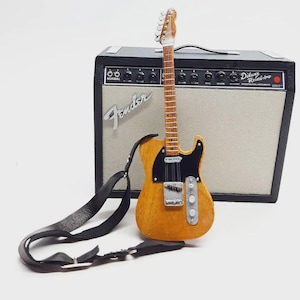 Miniature Guitar Telecaster Natural with Fen der Amplifier 1:12 | Replica Mini Electric Guitar | Birthday Gift Instrument Music Rack Display