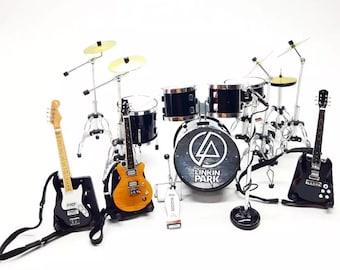 Miniature Drum Set Linkin Park Scale 1:12 | Replica Mini Drum Kit with Guitars and Bass | Birthday Gift Music Instrument Desk Shelf Display