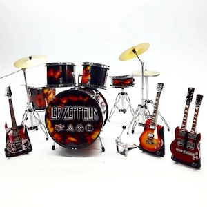 Miniature Drum Set Led Z Band Scale 1:12 - Mini Drum Kit Red with Guitars and Bass - Birthday Gift Music Instrument Desk & Shelf Display