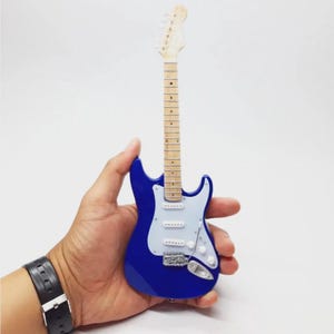 Miniature Guitar Stratocaster Blue Scale 1:4 | Mini Electric Guitar Handmade Wood | Guitarist Birthday Gift Music | Desk & Shelf Display