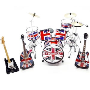 Miniature Drum Set Oas is British Band Scale 1:12 - Mini Drum Kit Red with Guitars - Birthday Gift Music Instrument Desk & Shelf Display