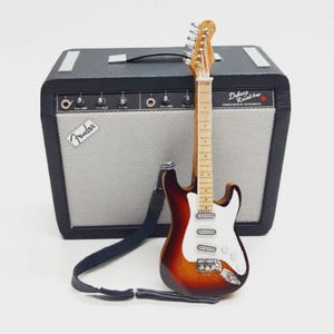 Miniature Guitar Stratocaster Sunburst with Fen der Amplifier 1:12 | Replica Mini Electric Guitar | Birthday Gift Instrument Music Display
