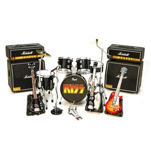 Miniature Drum Set Kiss Band | Mini Drum Kit with Guitars and Amplifier 1:12  | Birthday Gift Music Instrument Desk & Shelf Display