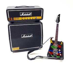 Miniature Guitar John Petrucci and Amplifier 1:12 | Handmade Mini Electric Guitar + Amp | Birthday Gift Instrument Music Desk and Display