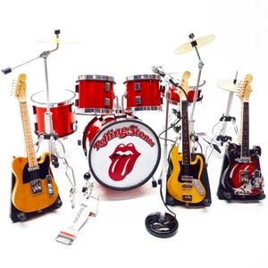 Miniature Drum Set Rolling Band Scale 1:12 - Mini Drum Kit Red with Guitars and Bass - Birthday Gift Music Instrument Desk Shelf Display