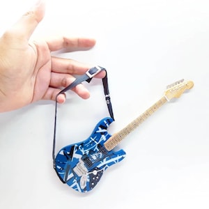 Miniature Guitar E V H Scale 1:4 Blue | Replica Mini Electric Guitar Handmade | Guitarist Birthday Gift Music Desk & Shelf Display