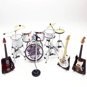 Miniature Drum Set Queen Rock Band Scale 1:12 | Mini Drum Kit Red with Guitars and Bass | Birthday Gift Music Instrument Desk Shelf Display