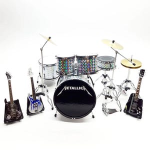 Miniature Drum Set Metal Band Scale 1:12 - Mini Drum Kit Red with Guitars and Bass - Birthday Gift Music Instrument Desk & Shelf Display