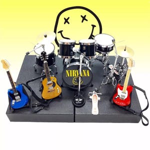 Miniature Drum Set NVN Grunge Band Scale 1:12 Mini Drum Kit Red with Guitars and Bass - Birthday Gift Music Instrument Desk & Shelf Display